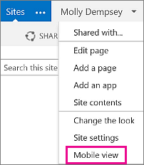 Settings menu in a SharePoint site in pc view
