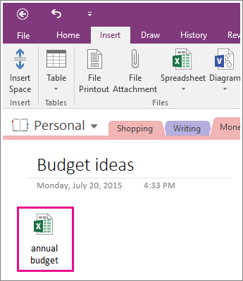 Screenshot of an attached spreadsheet in OneNote 2016.