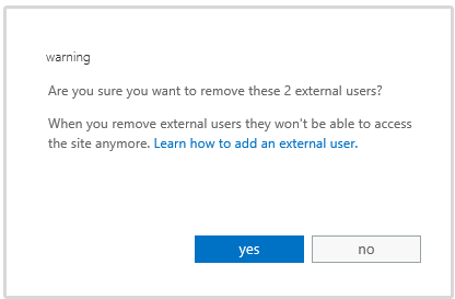 Warning message when you're about to delete the account of an external user