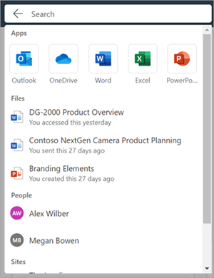 Microsoft 365 search box with the expanded drop-down list when the focus comes on the search box.