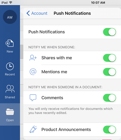 Tap the profile button to configure push notifications for shared documents
