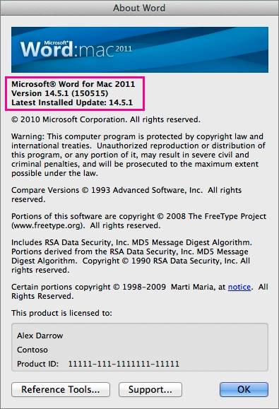 Word for Mac 2011 showing About Word page