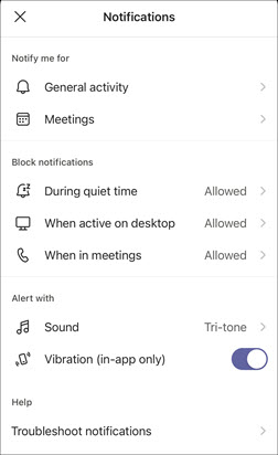 The Notifications settings in Teams for your personal life