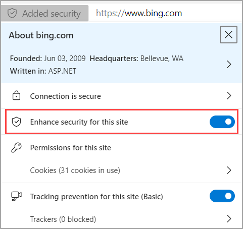 An image showing the Enhance your security on the web feature turned on under the Added security banner in Microsoft Edge.