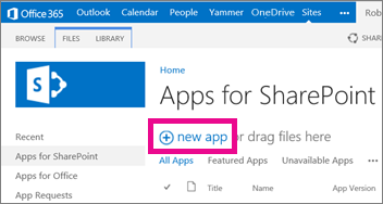The new app link in the Apps for SharePoint library in the App Catalog