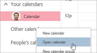 A screenshot of the Open calendar option