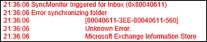 Outlook sync issue error