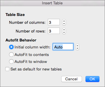 Shows the settings for creating a custom table
