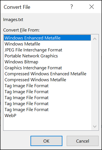 Dialog box displays a list of image file formats to convert from