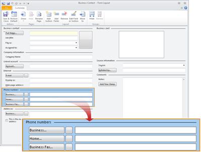 The Business Contact Form Layout screen with the Phone numbers section selected.