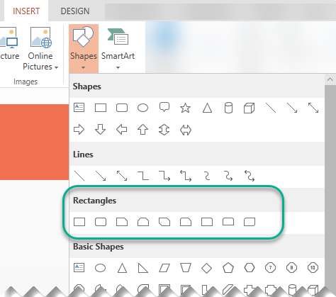 The Shapes menu includes a group of rectangles to choose from