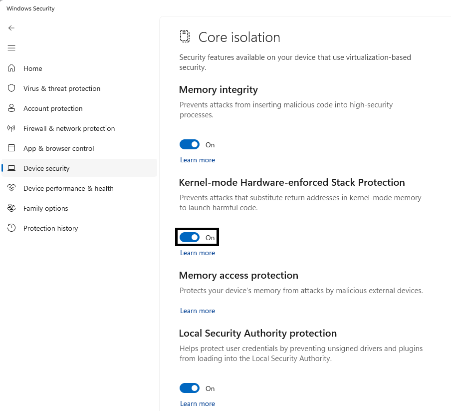 Indicates the location of the Kernel-mode Hardware-enforced Stack Protection UI Toggle in the Windows Security app's Core Isolation page.