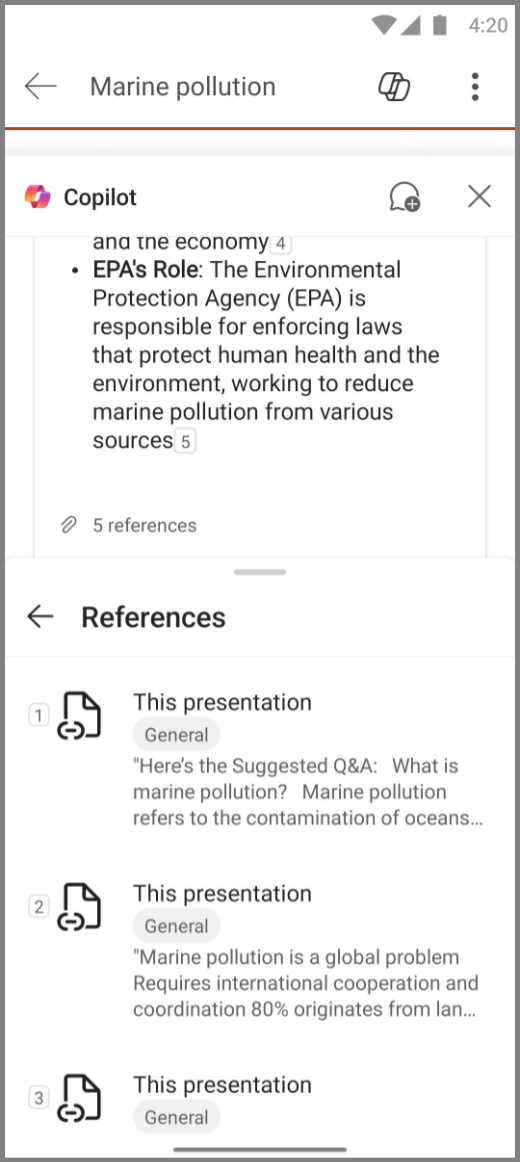 Screenshot of Copilot in PowerPoint on Android device with References for the Summarize this deck response