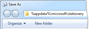 Save As dialog box with stationery path in address bar