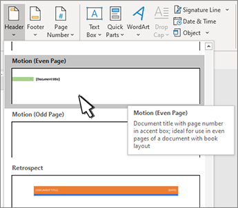 Header style selection dialog with one selected