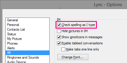Screenshot IMl options window with check spelling highlighted