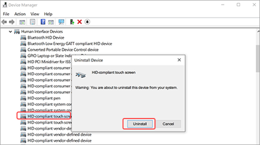 Screenshot of the Device Manger window showing the Uninstall Device dialog with the option to uninstall HID-complaint touchscreen driver or cancel the request.