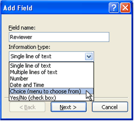 Add Field dialog box with selections