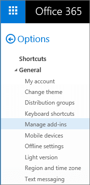 Screenshot of the General section of the Options menu in Outlook, with the "Manage add-ins" option highlighted.