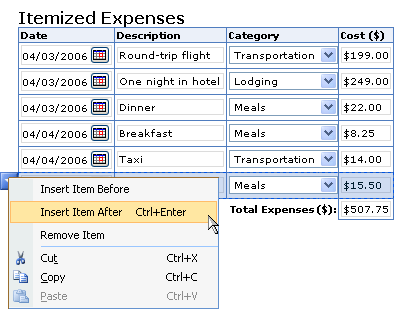 Repeating table used to collect line items in an expense report