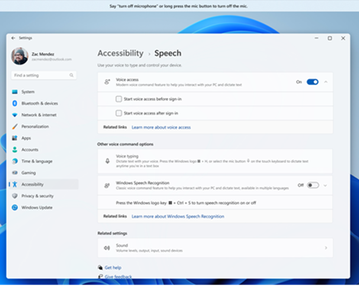 Accessibility settings page with Voice access toggled on and check boxes to start voice access before or after sign-in.