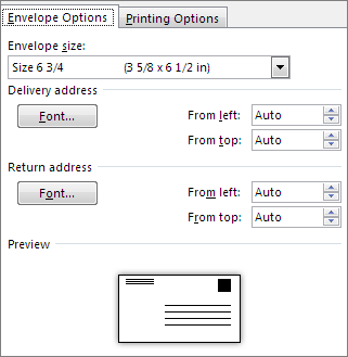 Envelope options tab for setting envelope size and address fonts