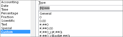 Format Cells dialog, Custom command, [h]:mm type