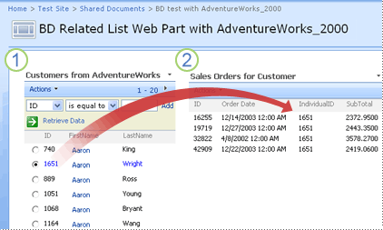 orders are displayed for the selected customer in a related list web part