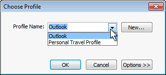 Outlook profile selection dialog box