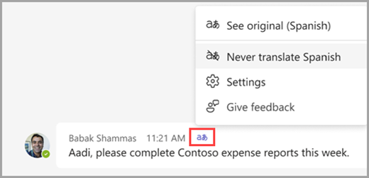 Select translation options over a translated message to reveal more options.