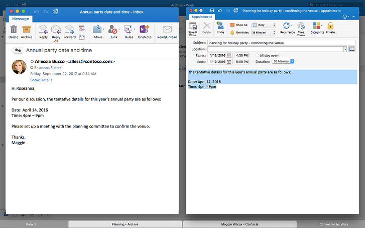 messages side-by-side in Outlook Full Screen view