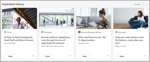 Inspiration library resources include Microsoft, Harvard Business Review, and Thrive. 