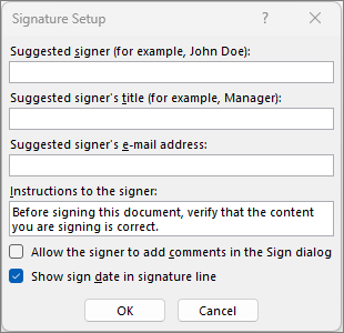 Signature setup dialog box