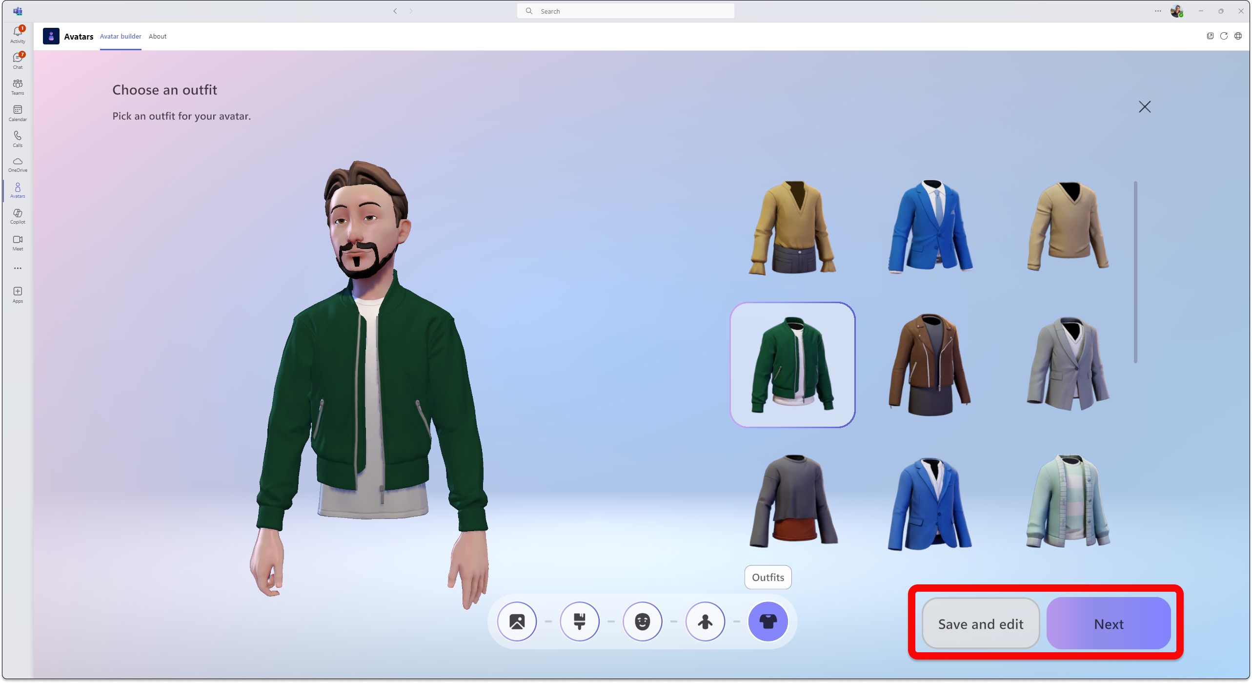Screenshot of avatars app in teams showing how to select a wardrobe or move forward in the customization flow.
