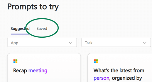 The Copilot Lab prompt library with the Saved prompts tab highlighted.