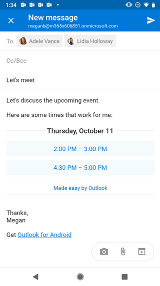 Shows an Android screen with an email draft that has suggested times. There's an "X" button in the upper left corner.