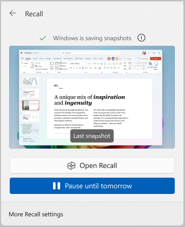 Screenshot of Recall option, found in the taskbar, to pause snapshots until tomorrow