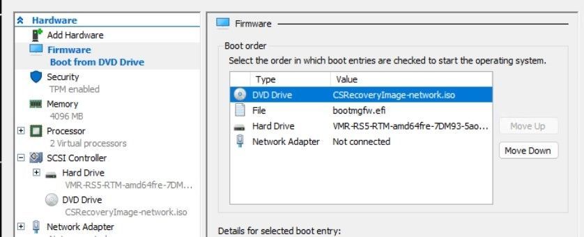 A screenshot of a Hyper-V virtual machine (VM) settings, with the Firmware section highlighted, showing the DVD Drive entry at the top of the boot order.