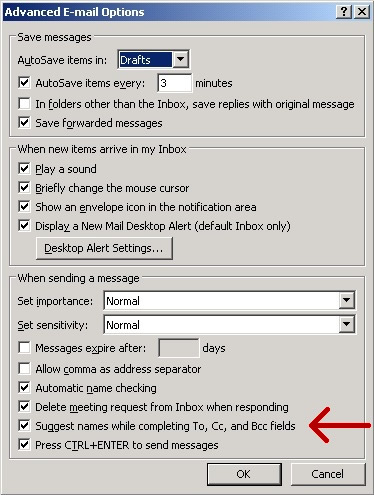 autouzupełnianie nie powinno działać w programie Outlook 2013