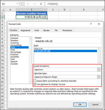 Image of the Format Cells dialog on the Number pane with the Gannen date format applied.