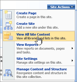 Site Actions menu with View All Site Content highlighted