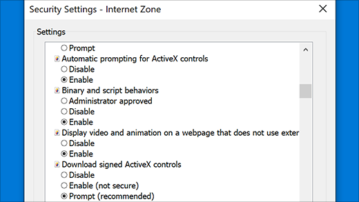 Security settings: ActiveX controls in Internet Explorer