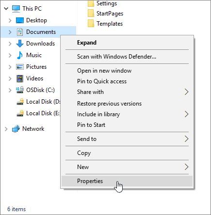 A screenshot showing the cursor right-clicking on Documents in File Explorer.