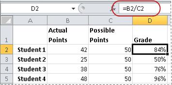 Example of formula for calculating a percentage