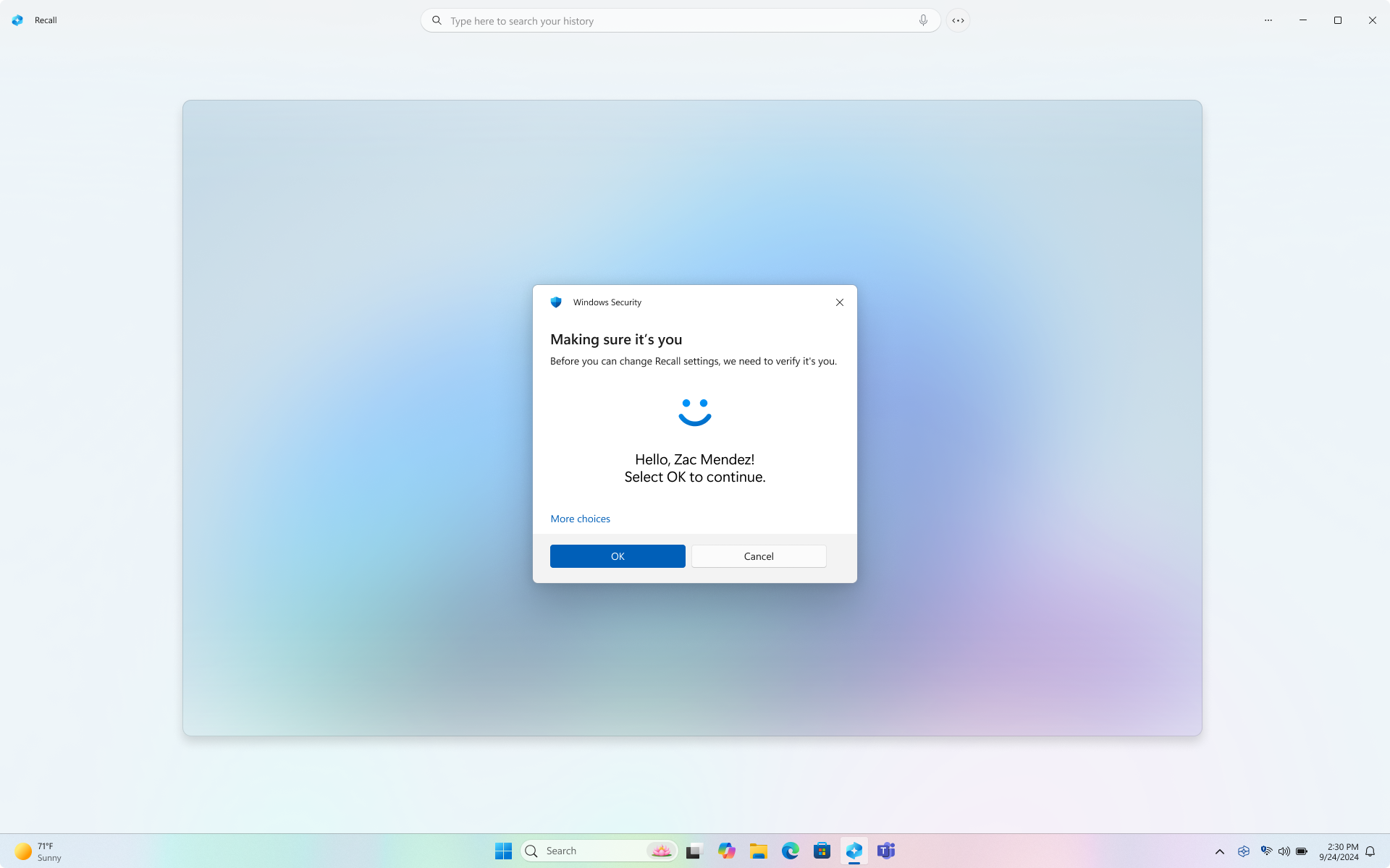 Screenshot of Windows Hello prompting for authentication for Recall