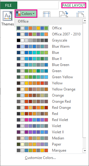 Theme color gallery opened via the Colors button on the Layout tab