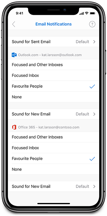 Email Notification settings page with the ability to assign a sound to specific people when sending and receiving emails