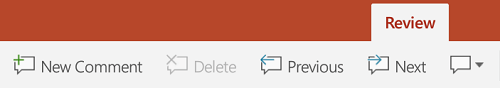 The Review tab of the Ribbon in PowerPoint on Android tablets has buttons for using Comments.
