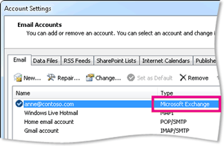 Exchange Server account listed in Account Settings