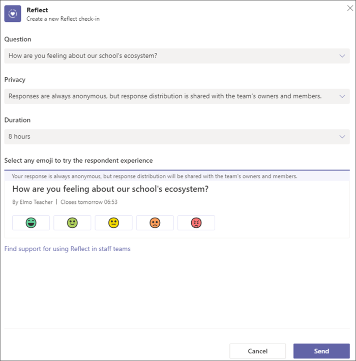 Creation screen of Reflect, shows the options to select a question, duration, and privacy of the check-in and a preview of what students will see